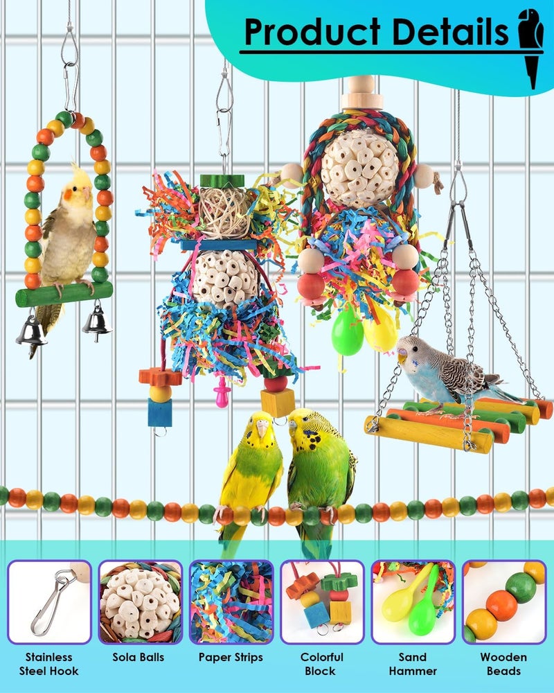 Bissap Conure Toys, 5 PCS Parrot Foraging Shredder Hanging Toys Sola Balls with Sand Hammer Perch Swing Climbing Ladder for Small Parrots Parakeets Conures Cockatiels Love Birds Cage Toy - Image 3